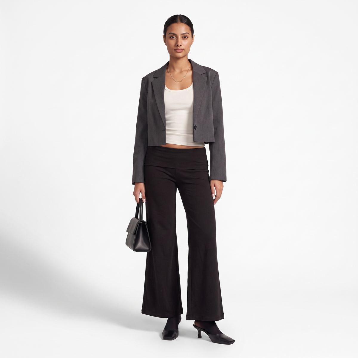 Foldover Waist Wide Leg Pants, Flowy Everyday Casual Trousers, Front