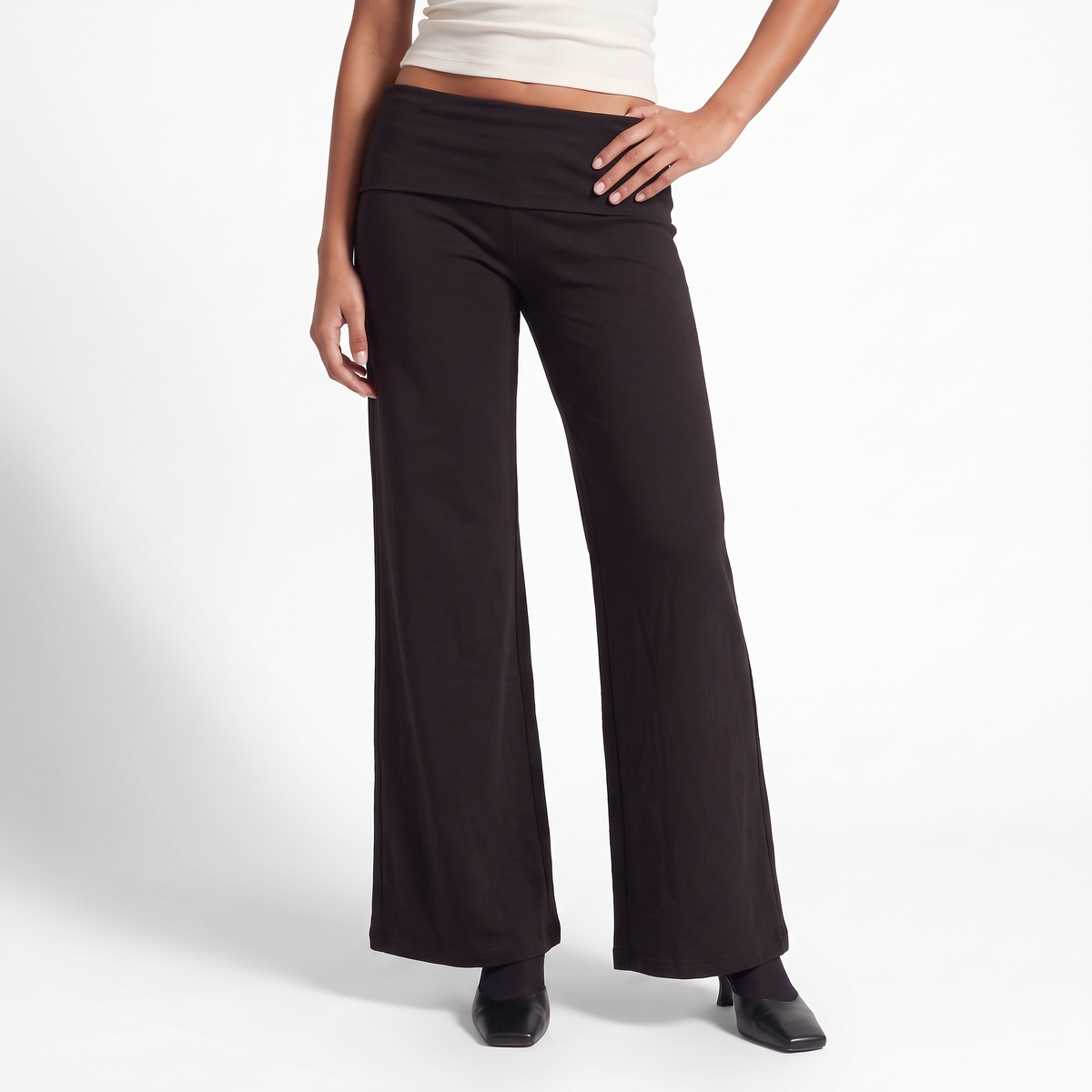 Foldover Waist Wide Leg Pants, Flowy Everyday Casual Trousers, Front close-up
