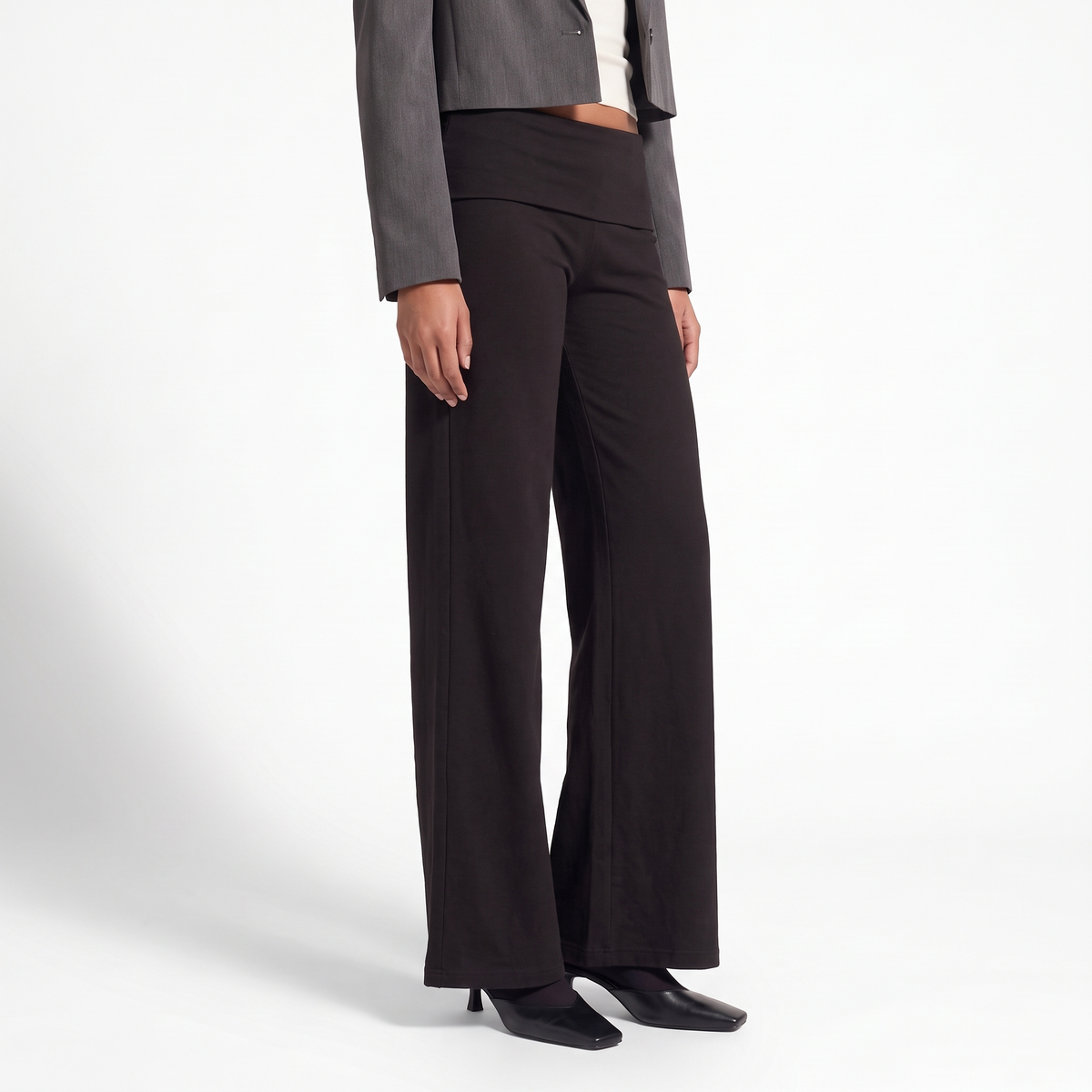 Foldover Waist Wide Leg Pants, Flowy Everyday Casual Trousers, Three-quarter