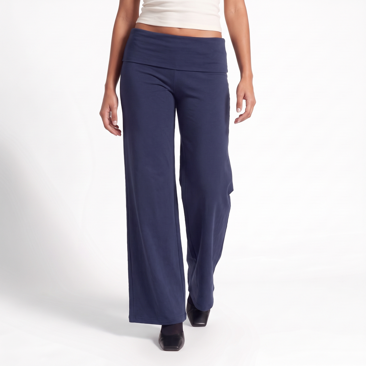 Foldover Waist Wide Leg Pants, Flowy Everyday Casual Trousers, Navy