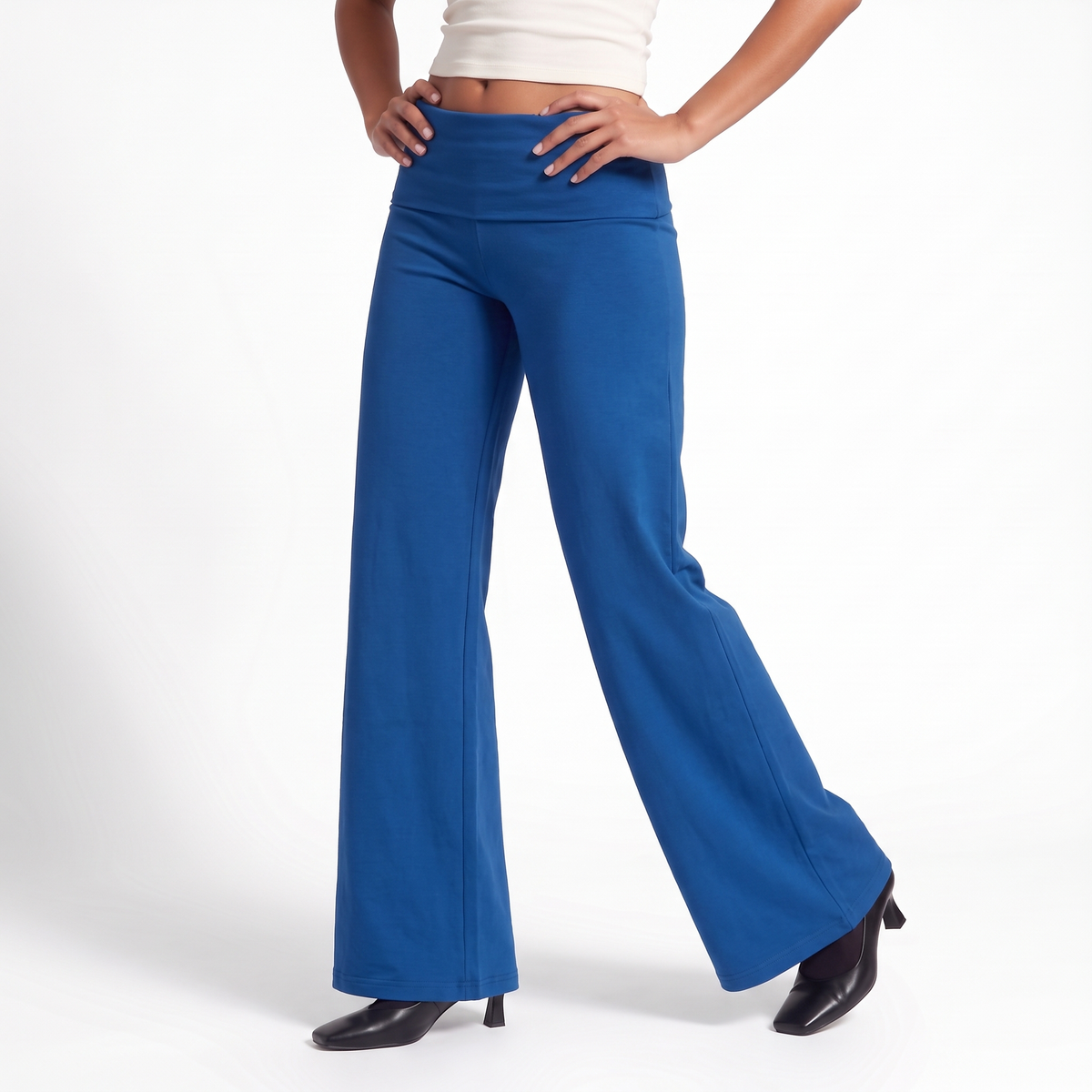 Foldover Waist Wide Leg Pants, Flowy Everyday Casual Trousers, Blue