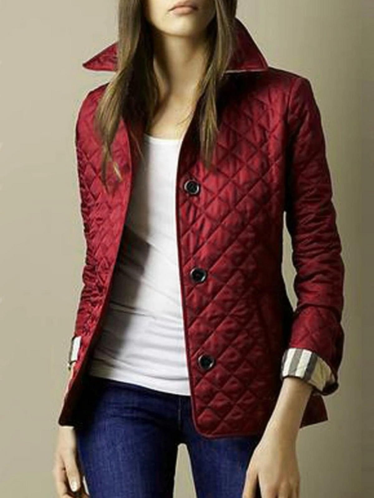 Classic casual quilted women's coat with a distinctive turned-down collar, perfect for cool weather.