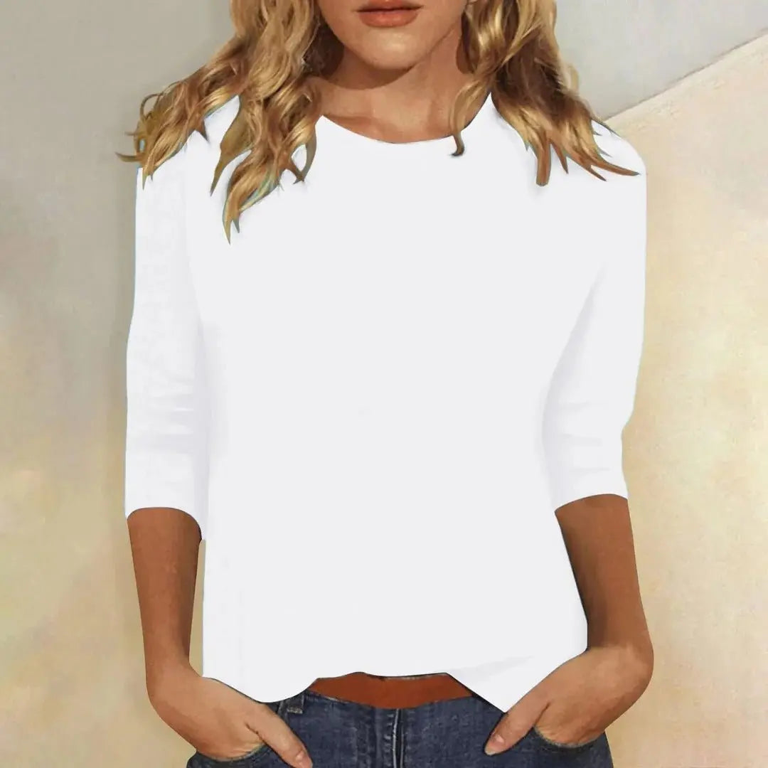 Women's Crew Neck 3/4 Sleeve Top Casual Relaxed Fit - White