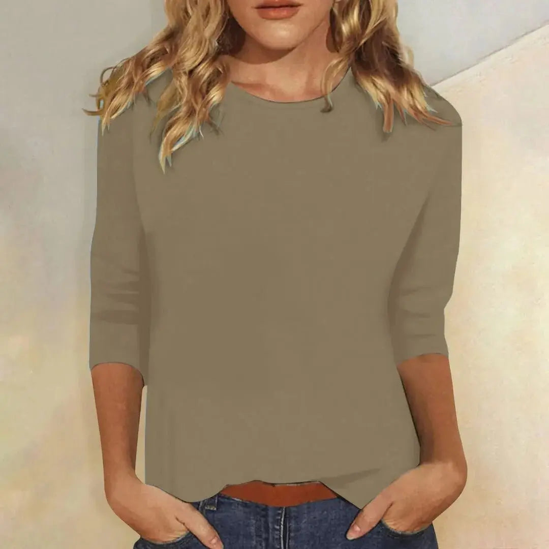 Women's Crew Neck 3/4 Sleeve Top Casual Relaxed Fit - Khaki