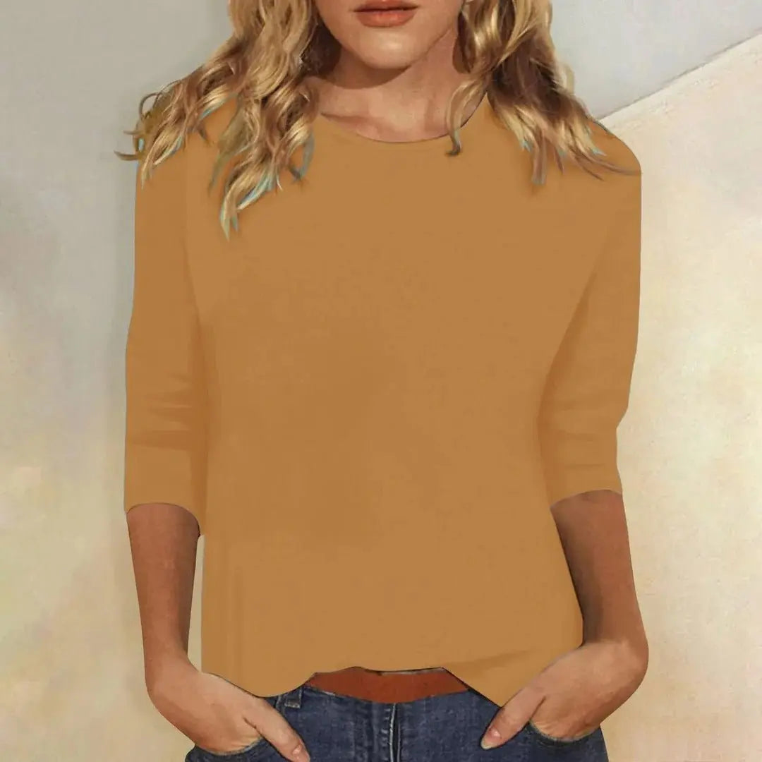 Women's Crew Neck 3/4 Sleeve Top Casual Relaxed Fit - Brown