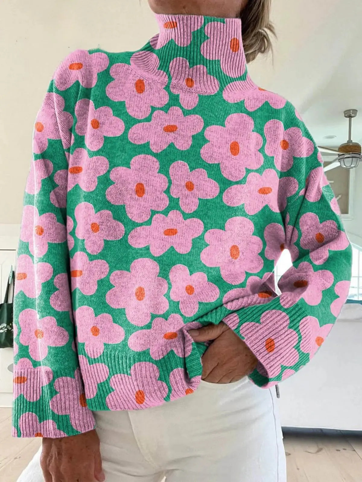 Women's Floral Knit Jumper High Neck Relaxed Fit - Multicolor