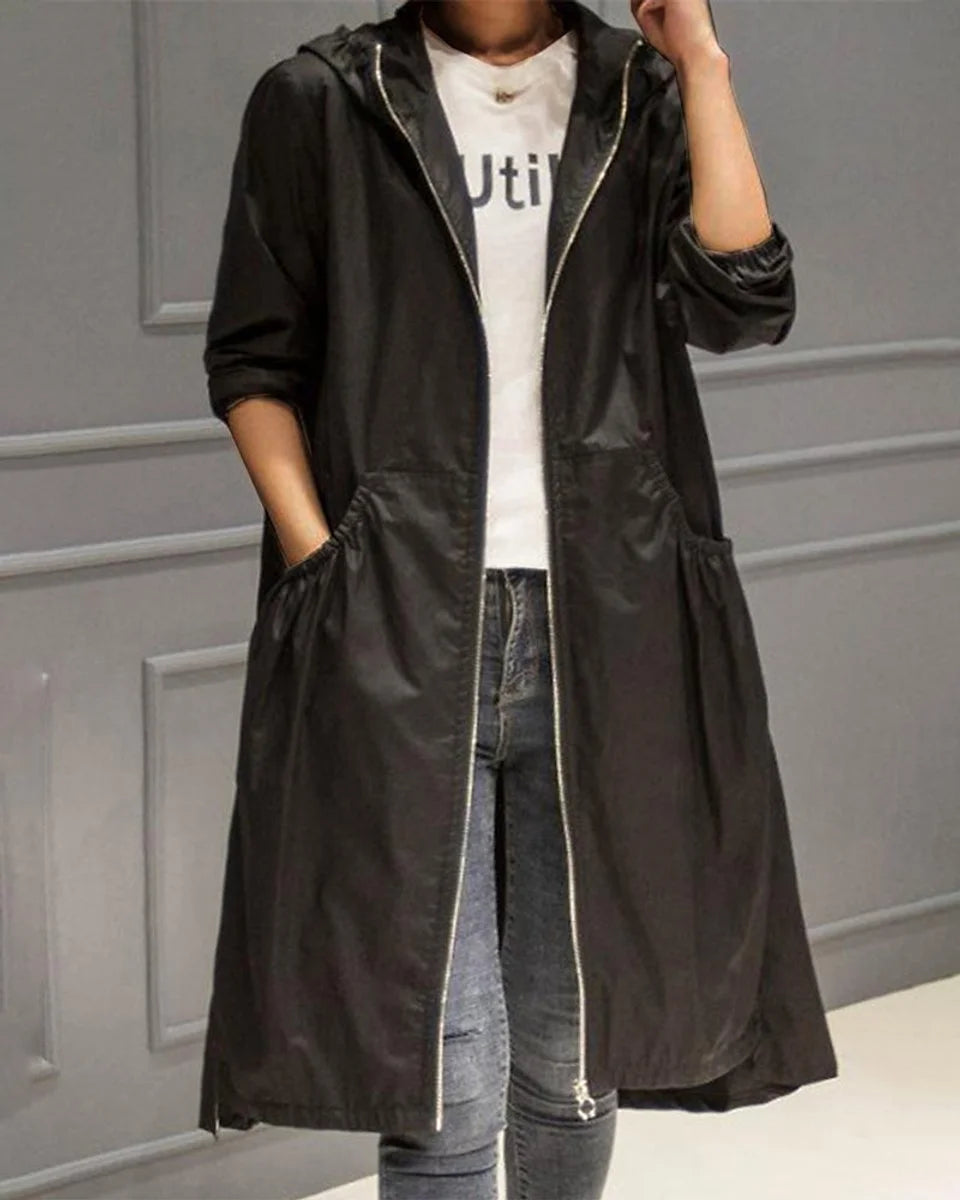 Women's hooded waterproof long trench coat zip-up in Black