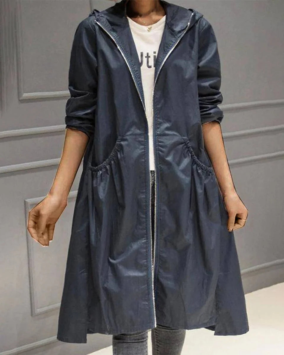Women's hooded waterproof long trench coat zip-up in Navy Blue