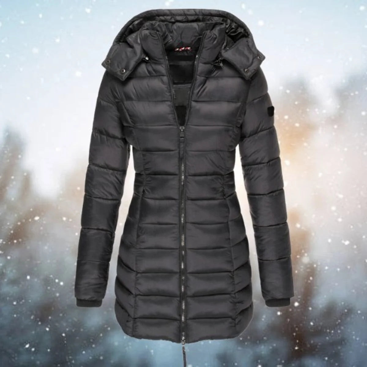 Women's long hooded puffer quilted jacket zip-up winter coat in Black