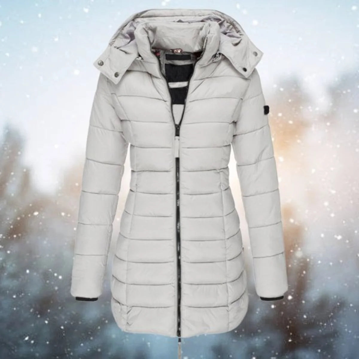 Women's long hooded puffer quilted jacket zip-up winter coat in Gray