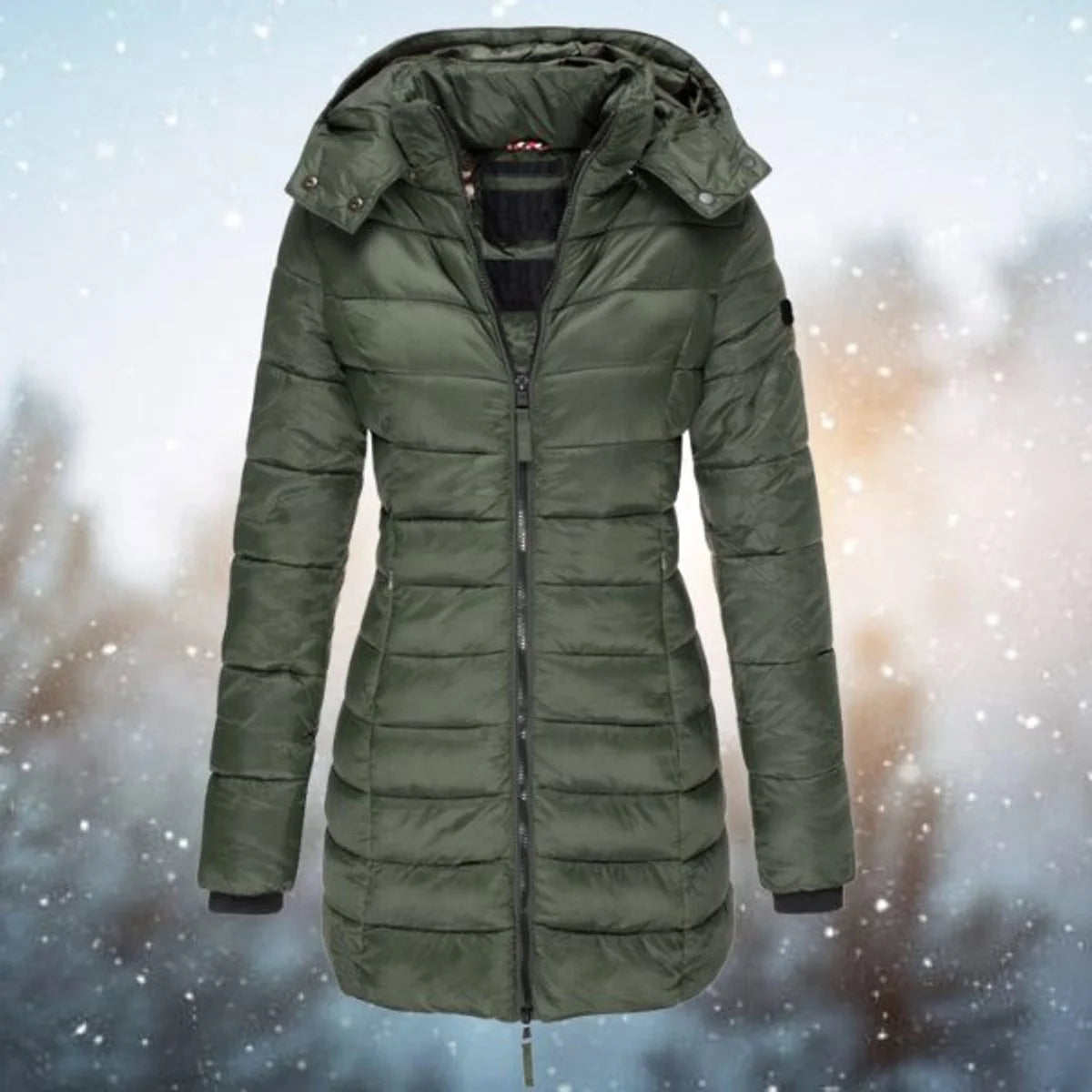 Women's long hooded puffer quilted jacket zip-up winter coat in Green