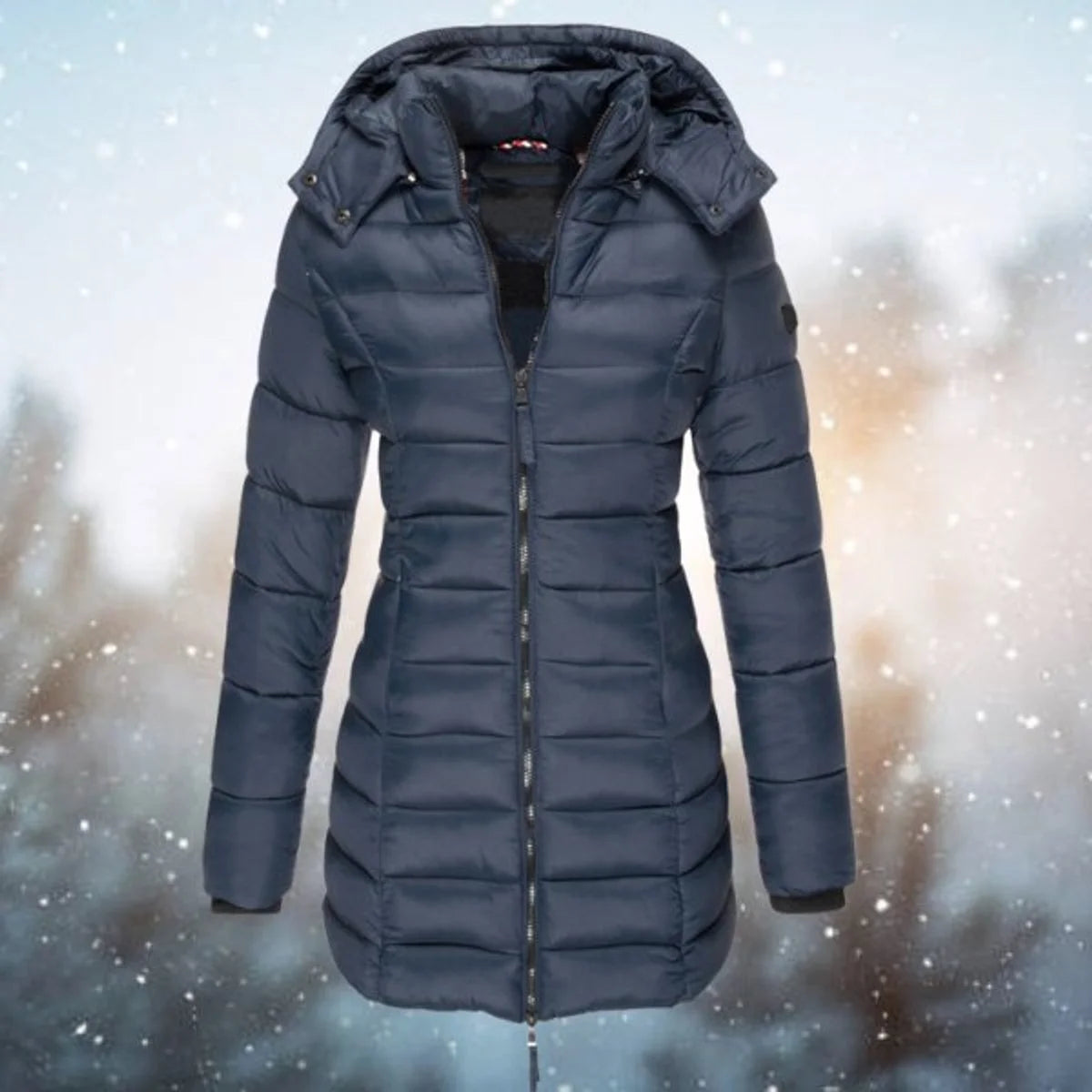 Women's long hooded puffer quilted jacket zip-up winter coat in Navy Blue