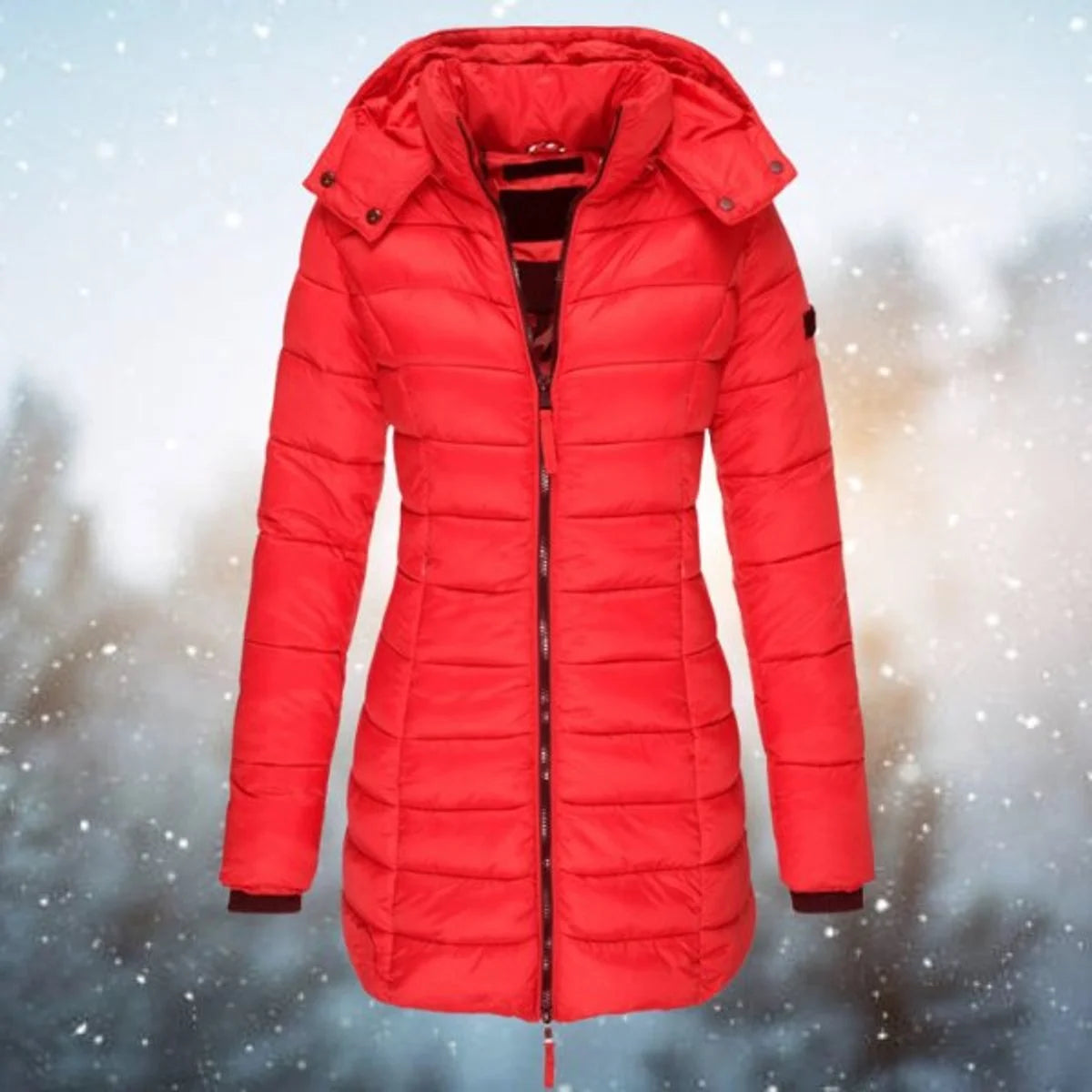 Women's long hooded puffer quilted jacket zip-up winter coat in Red