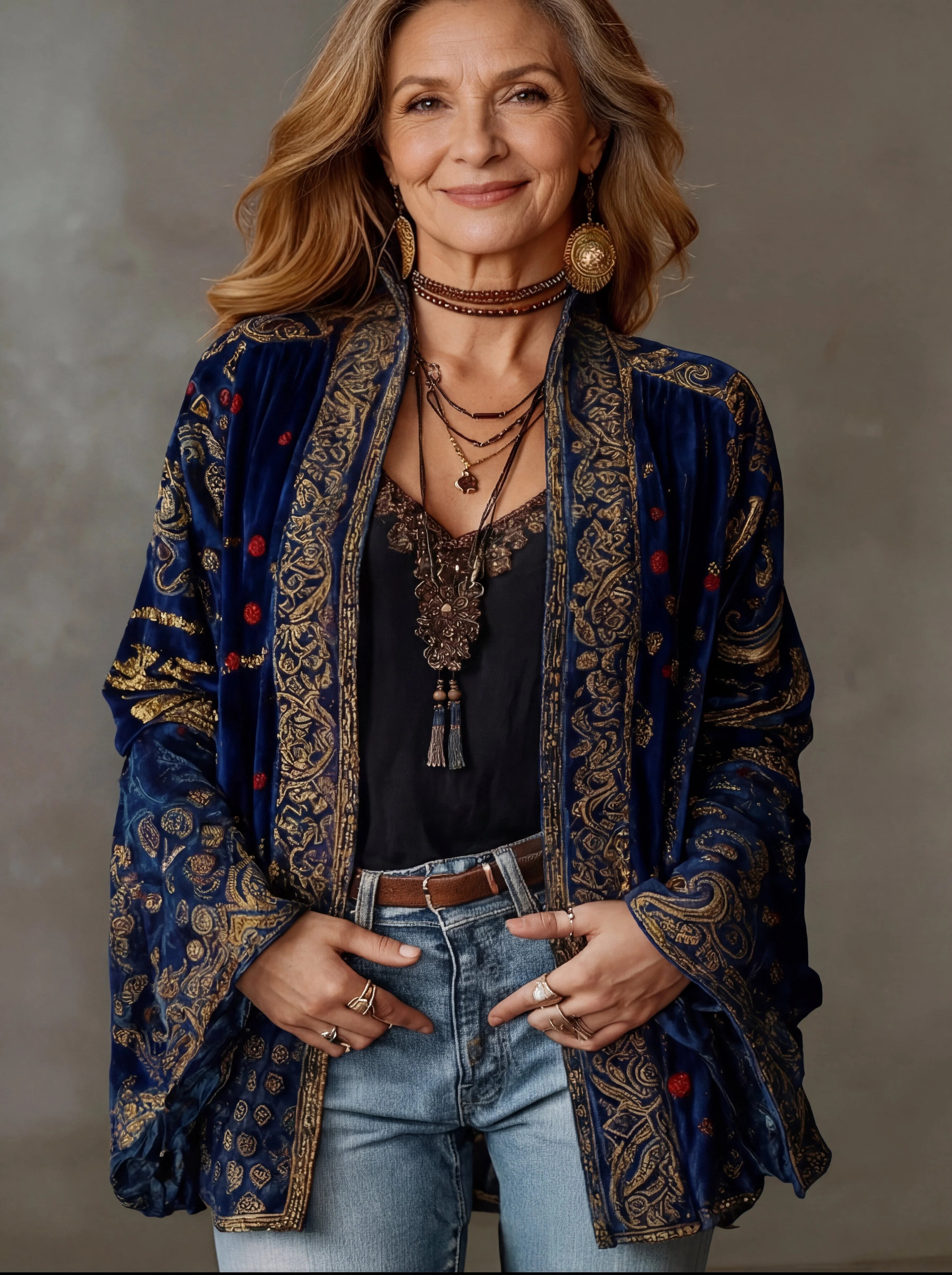 Women's ornate velvet boho kimono denim jacket with wide bell sleeves