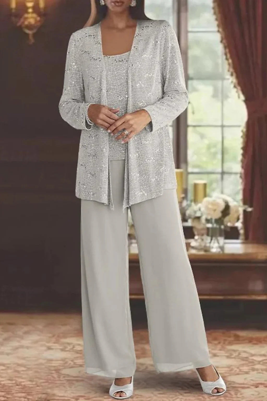 Women's sequin 3-piece set: jacket, wide-leg pants & matching top.