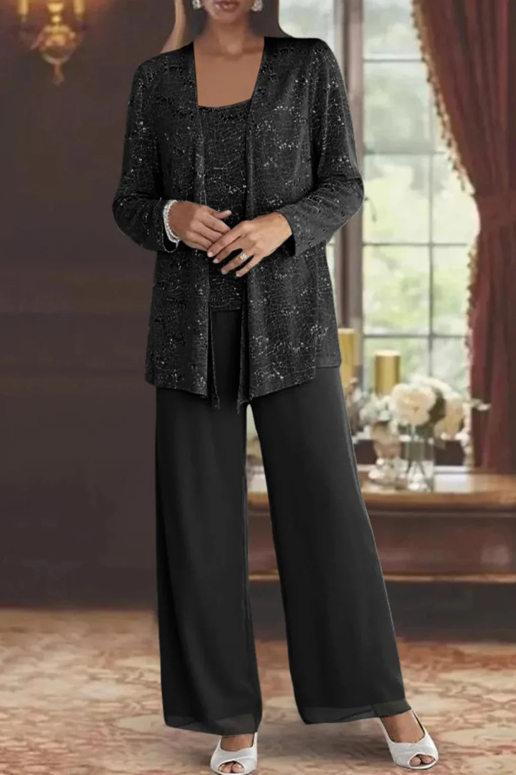 Women's sequin 3-piece set with jacket & wide-leg pants.