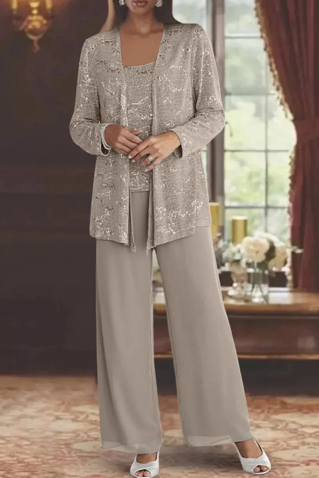 Women's sequin 3-piece set: jacket & wide leg pants. All pieces sequined.