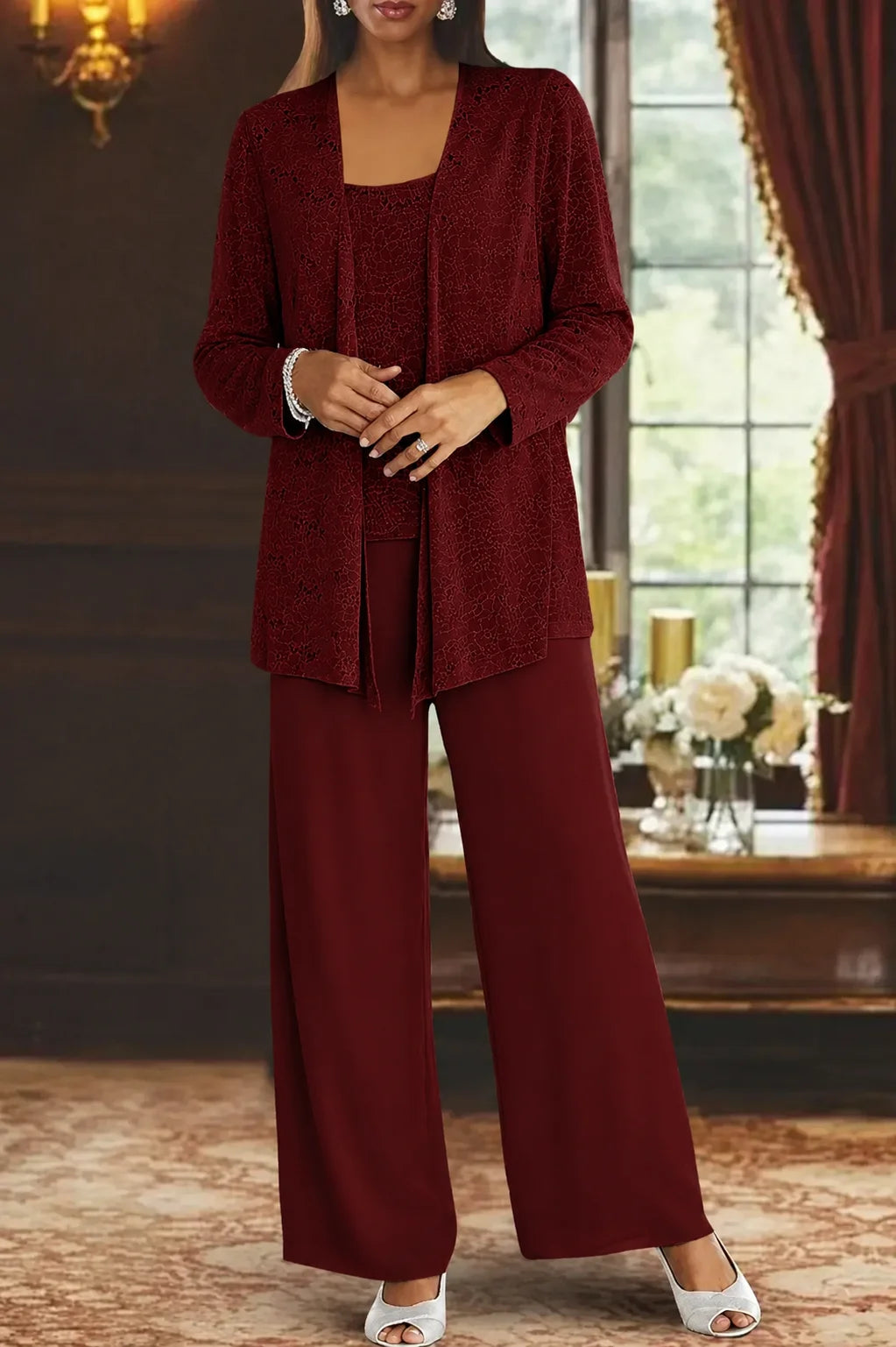 Women's sequin 3-pc set: jacket, matching top, wide-leg pants.