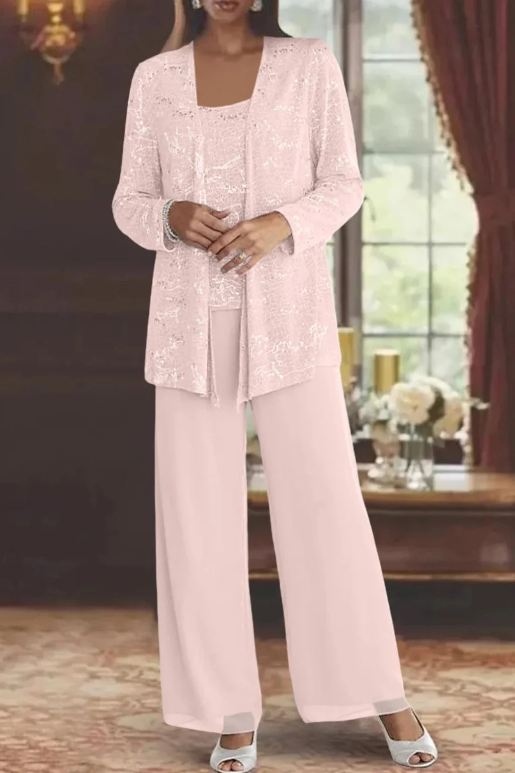 Women's sequin 3-piece set: jacket, top, wide leg pants.