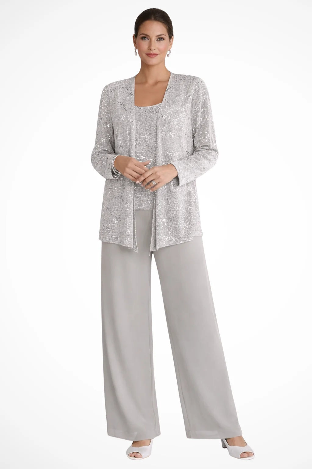 Silver sequin three-piece women's set: jacket, top, and wide-leg pants.