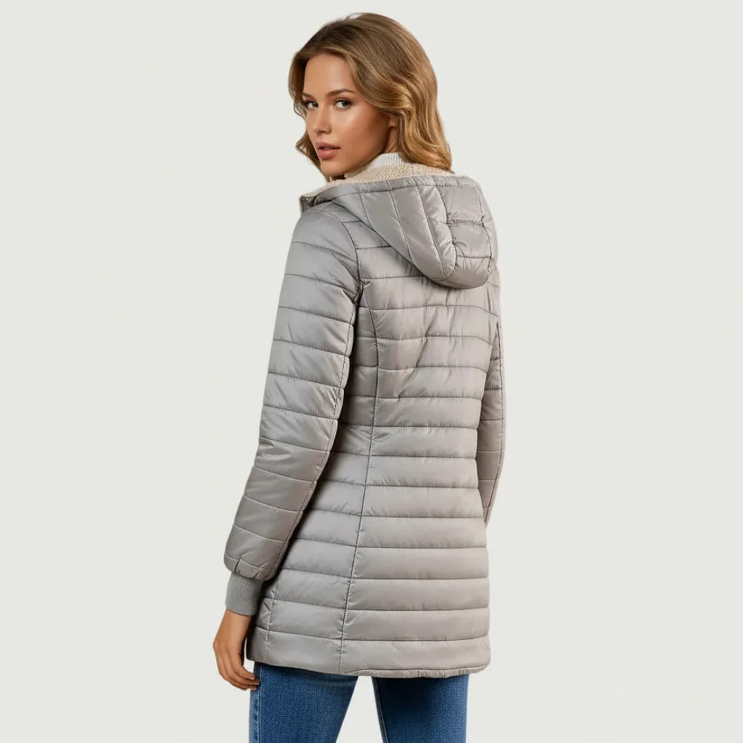 Women's sherpa-lined puffer trench coat with hood and ribbed cuffs