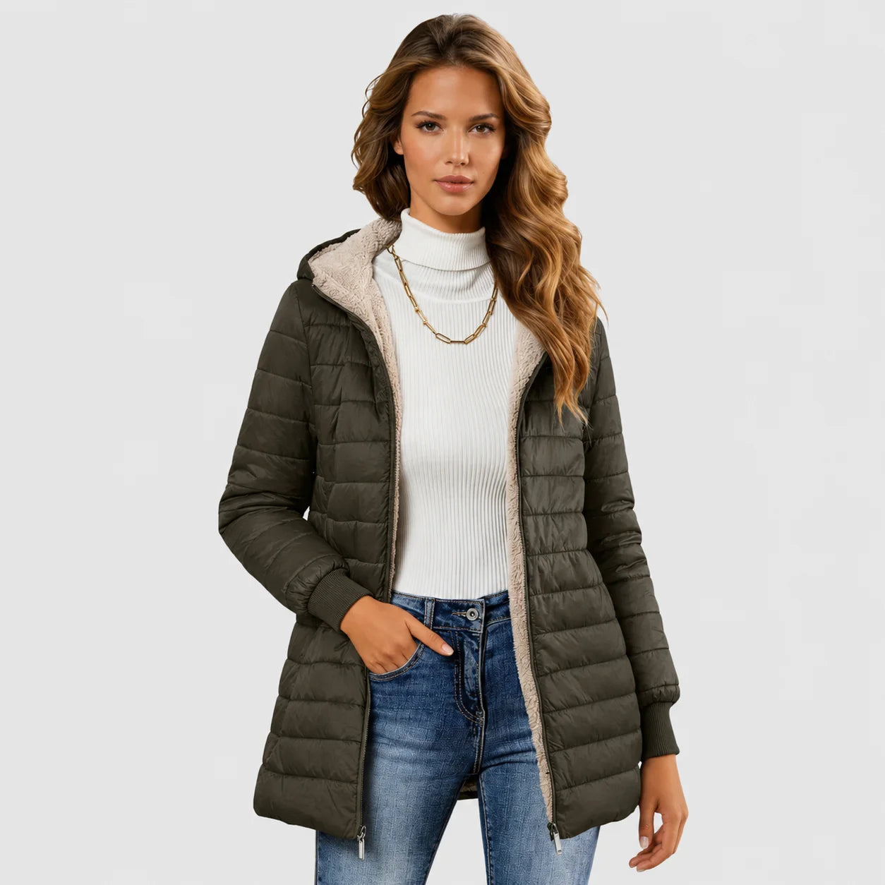 Green puffer trench coat, sherpa lining, hood, ribbed cuffs.