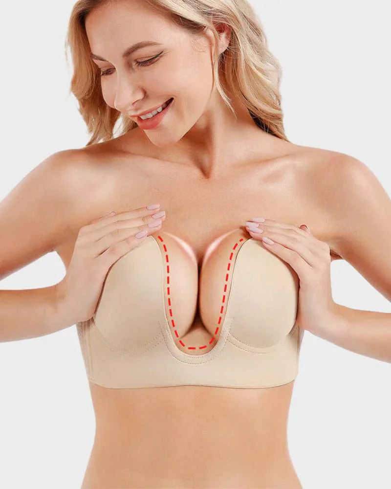 Strapless, backless, adhesive push-up deep-U plunge bra.