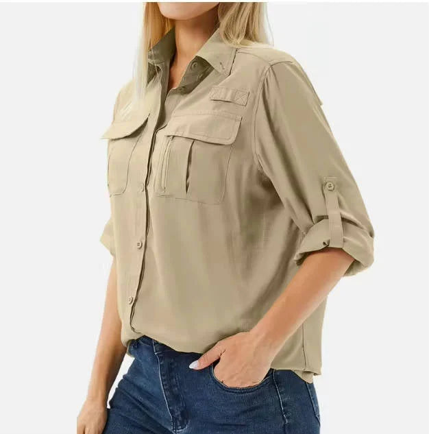Women's UPF 50 hiking shirt with long roll-up sleeves and zip pockets.