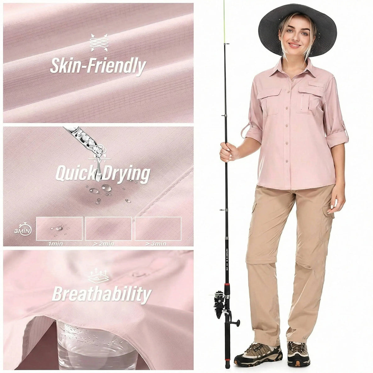 Women's UPF 50 long-sleeve safari shirt with roll-up tabs & zip pockets.