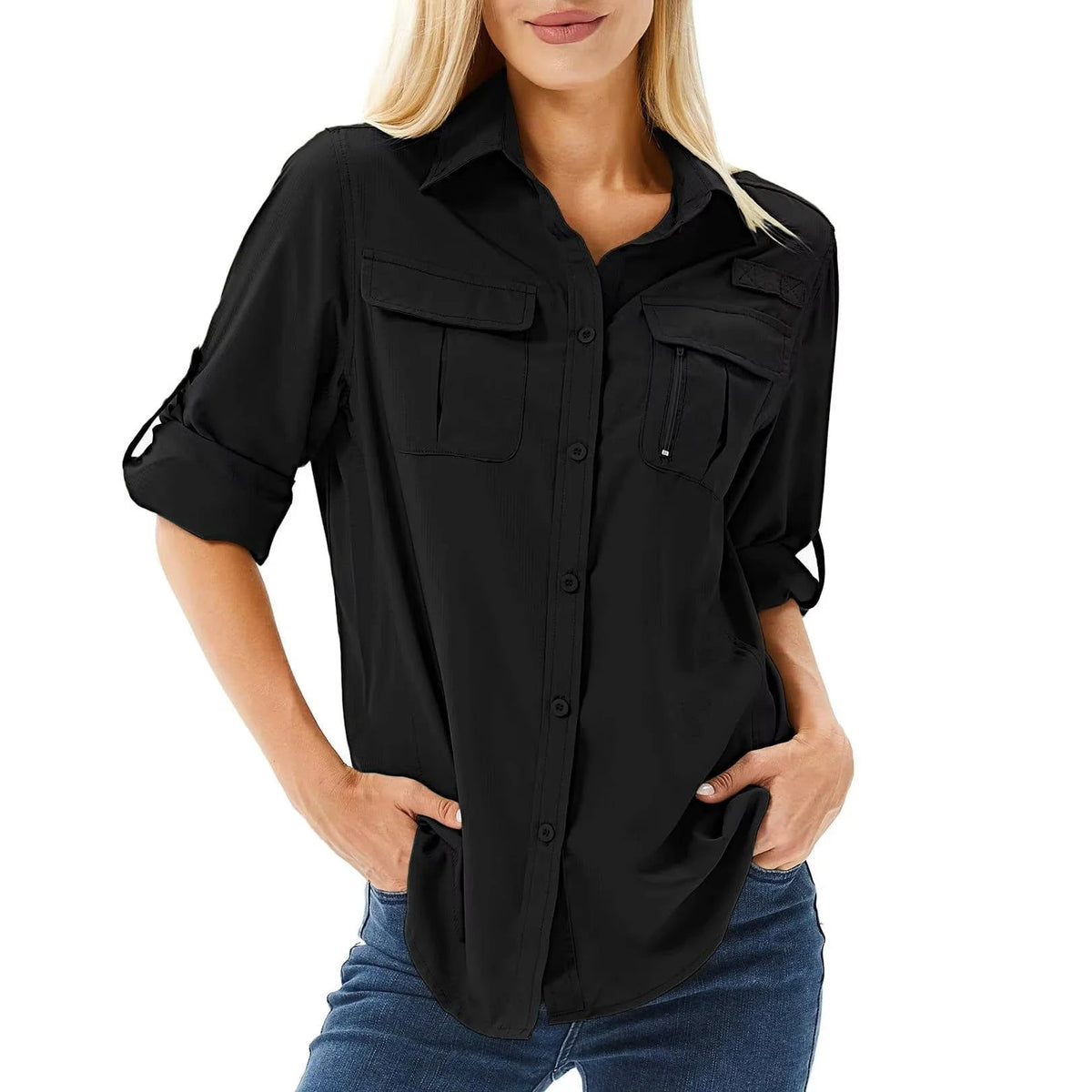 Black women's hiking shirt. Long roll-up sleeves, zip pockets. UPF 50.