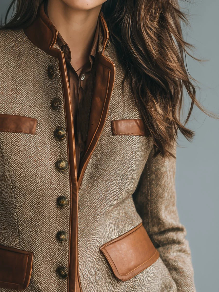 Women's vintage herringbone tweed leather-trim button-front jacket