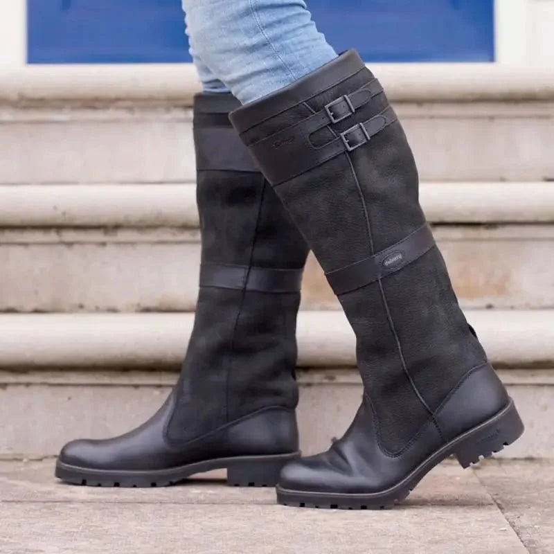 Women's waterproof boots knee high pull-on leather in Black