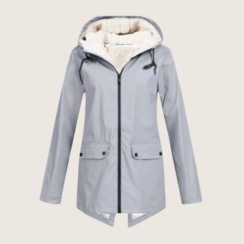 Women's grey waterproof hooded denim jacket with sherpa lining and front pockets.
