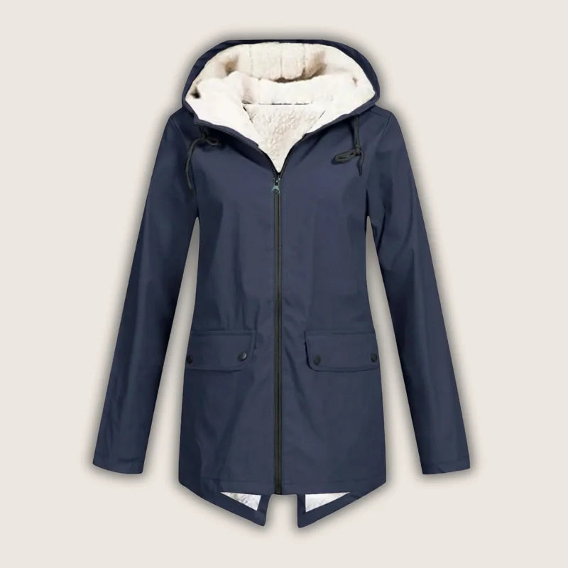 Navy women's waterproof hooded denim jacket with sherpa lining and front pockets.