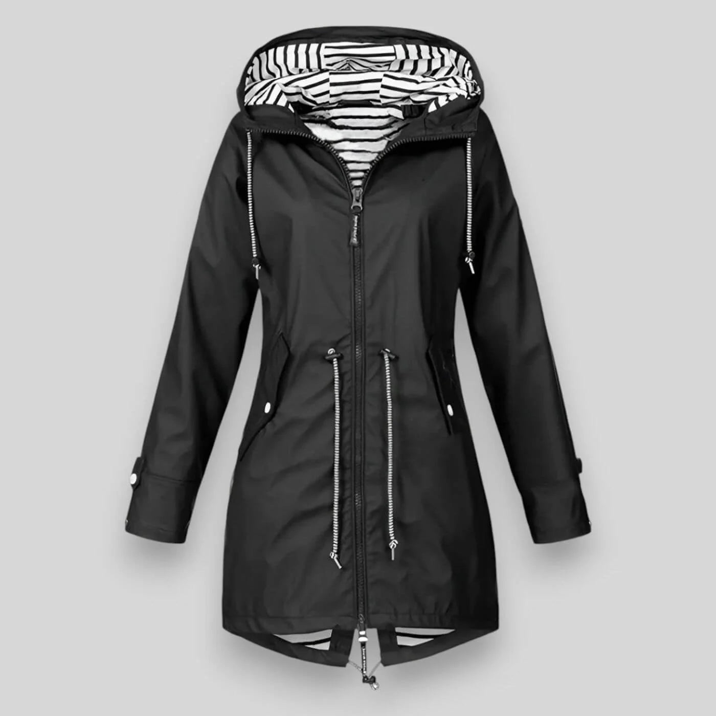 Black waterproof hooded denim jacket with striped lining and drawstring waist.