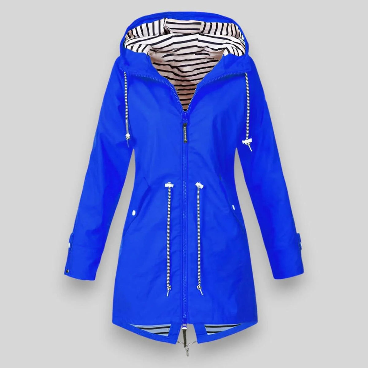 Bright blue women's waterproof denim jacket with hood, striped lining, and drawstring waist.
