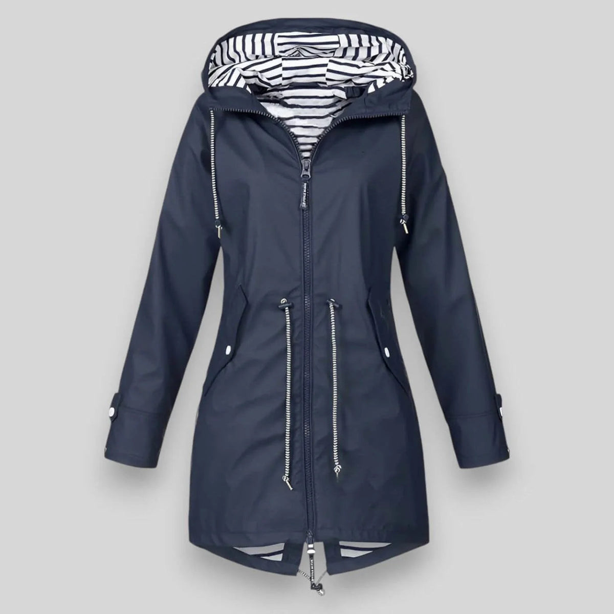 Women's navy waterproof hooded denim jacket. Striped lining, drawstring waist.