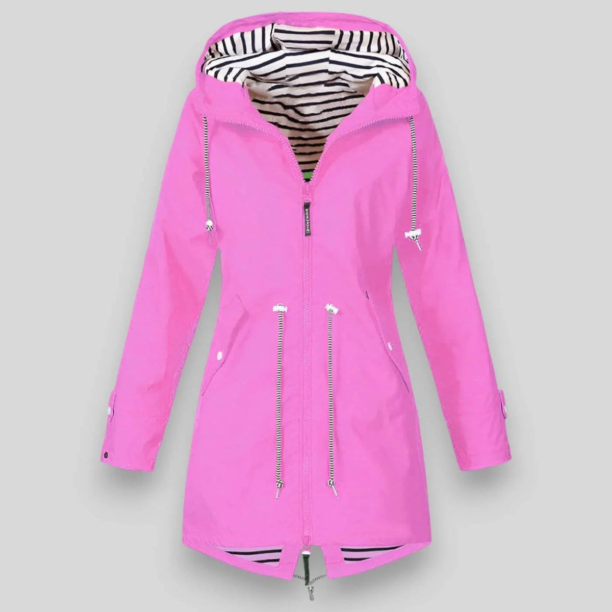 Pink waterproof hooded denim jacket, striped lining, drawstring waist.