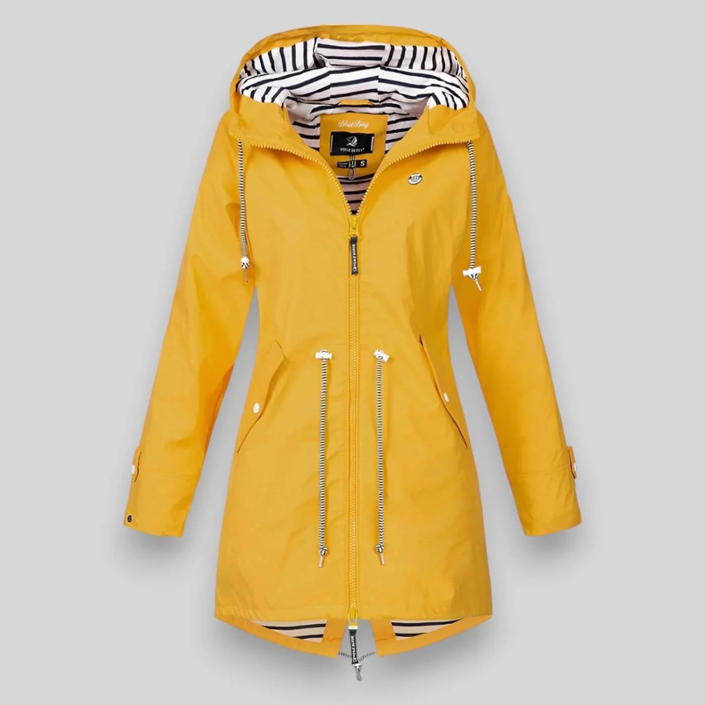 Yellow waterproof hooded denim jacket with striped lining and drawstring waist.