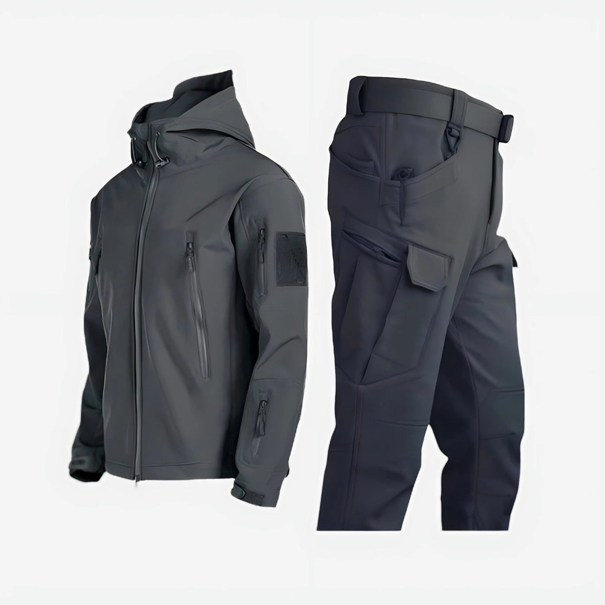 Grey women's waterproof tactical set: hooded jacket, multiple pockets; cargo pants, large thigh pockets.