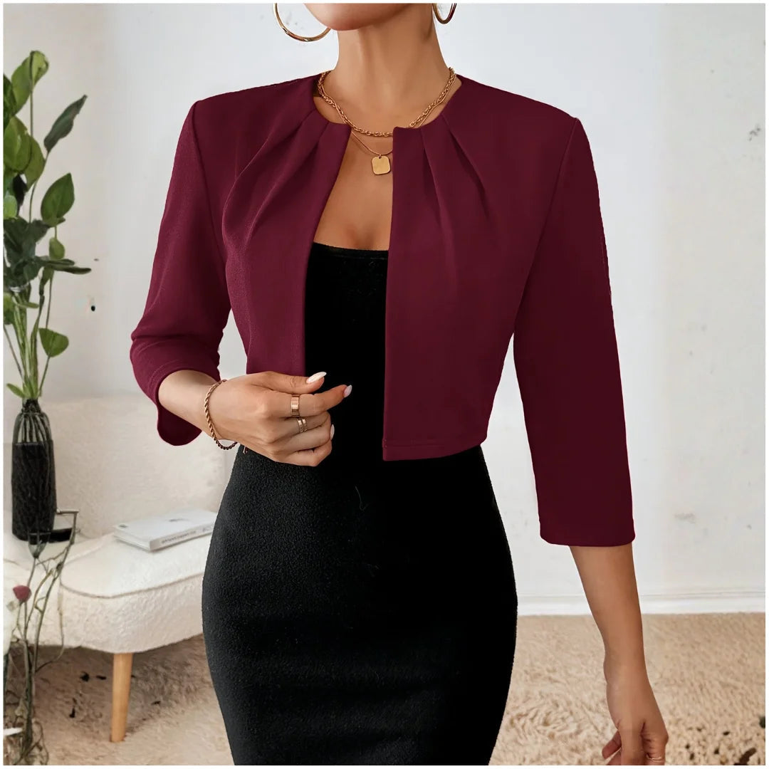 Burgundy cropped open front 3/4 sleeve pleated blazer denim jacket.