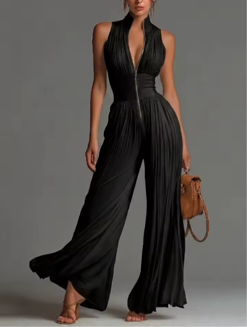 Women's Halter Neck Pleated Jumpsuit | Wide Leg Sleeveless One-Piece for Formal Events and Sophisticated Occasions