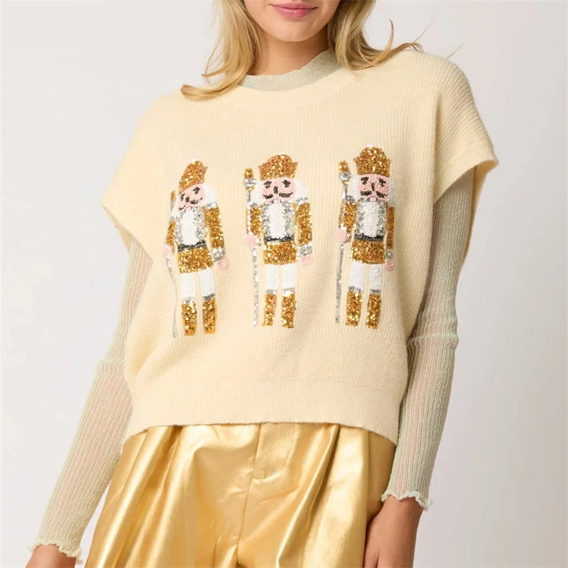 Gilet de Noël pour femme – Cardigan festif à boutons, orné de paillettes représentant des bonhommes en pain d'épices et des cannes à sucre