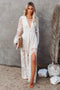 Long Women's Nemia Dress - White Lace Boho Dress with Deep Neck and High Slit