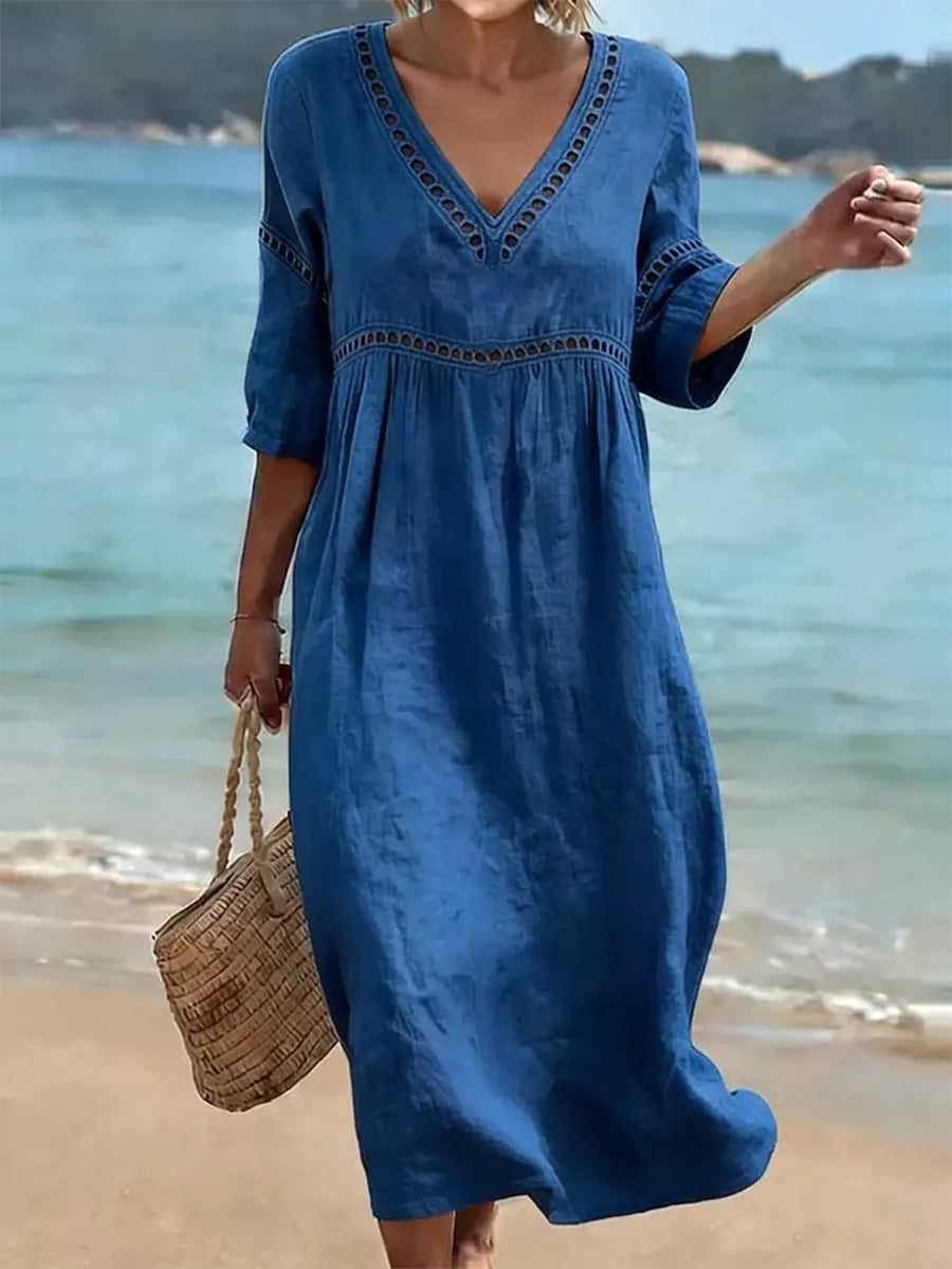 Women's 100% Cotton V-Neck Summer Dress | Lightweight Short Sleeve Midi Dress with Pockets | Casual Relaxed Fit Day Dress