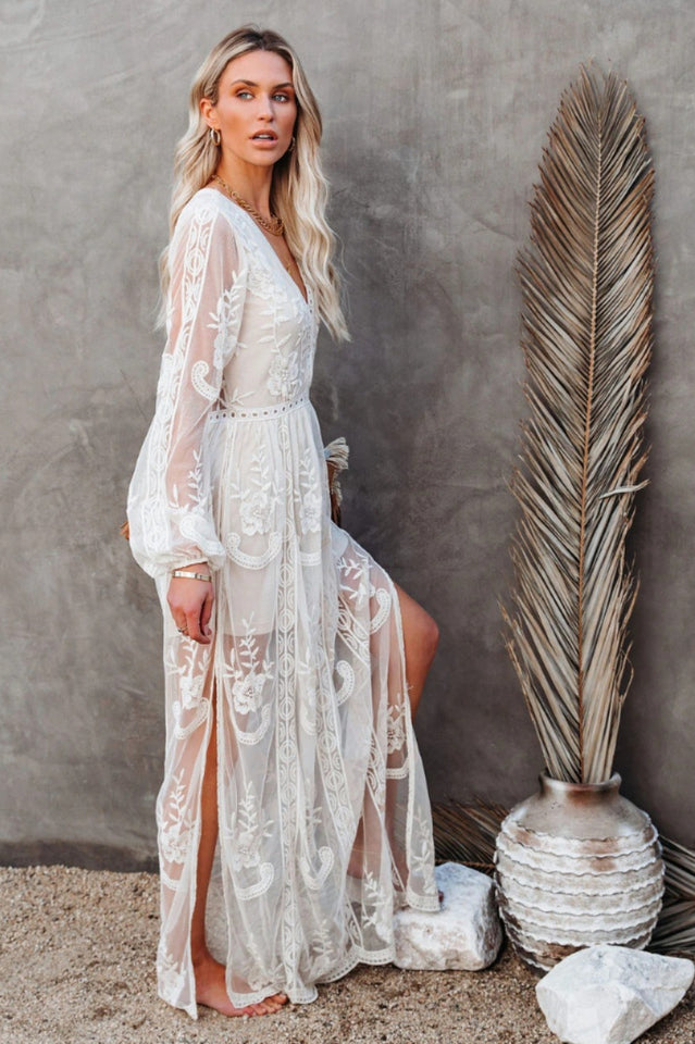 Long Women's Nemia Dress - White Lace Boho Dress with Deep Neck and High Slit