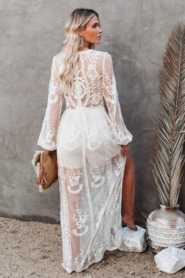 Long Women's Nemia Dress - White Lace Boho Dress with Deep Neck and High Slit