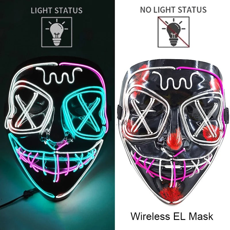 Bezdrátová neonová LED maska na pročištění – maska na Halloween a cosplay, která svítí ve tmě