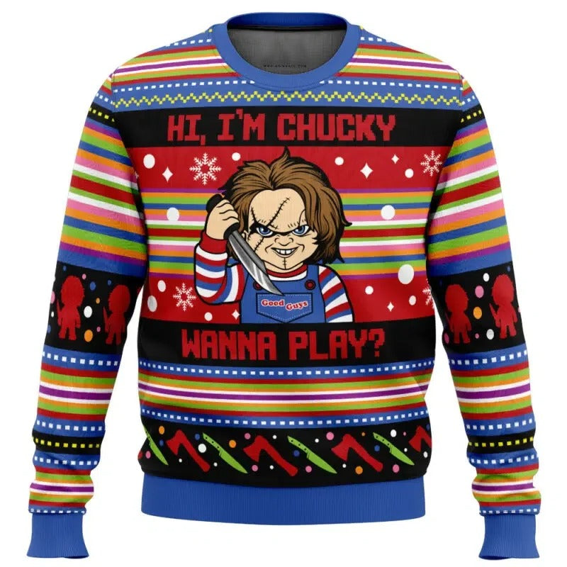 Felpa natalizia con grafica “Good Guys” – Pullover a maniche lunghe a righe colorate