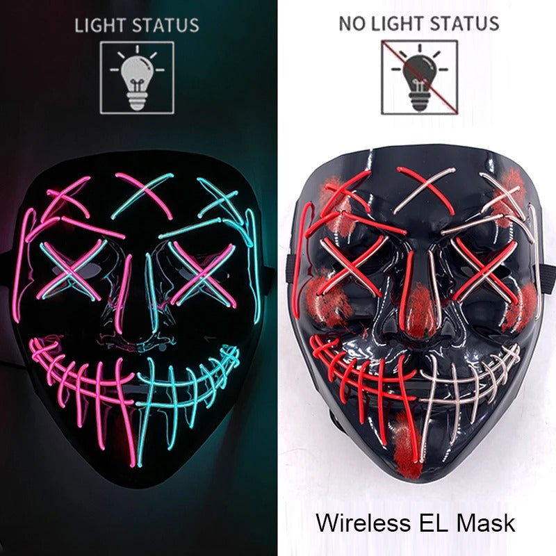 Bezdrátová neonová LED maska na pročištění – maska na Halloween a cosplay, která svítí ve tmě